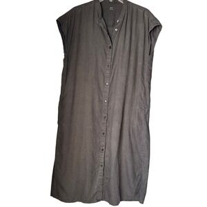 MUJI Linen Band Collar Pockets Sleeveless Button Down Midi Shirt Dress Gray XS S
